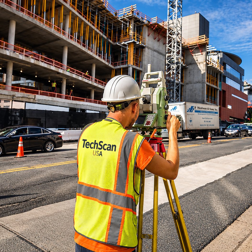 TechScan surveyor taking check shots with a total station at a construction site